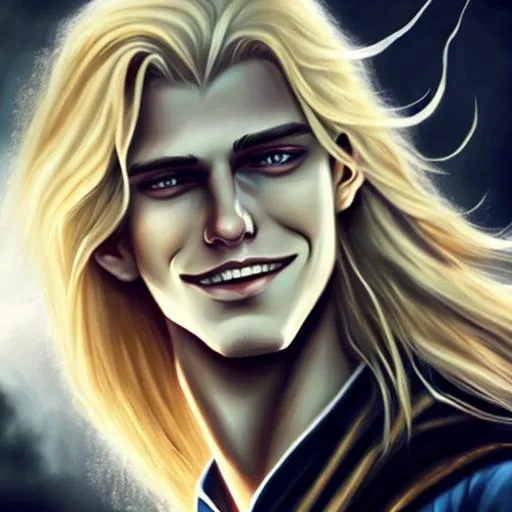 Prompt: Young man, long blonde hair, closed eyes, slim physique, Evil smile, dark fantasy, magical, painted style 