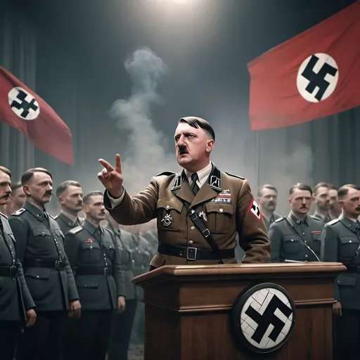 Prompt: Adolf Hitler With A Nazi Flag Giving A Speech with Nazi Guardians Colours, Particles, Civilians, Realistic