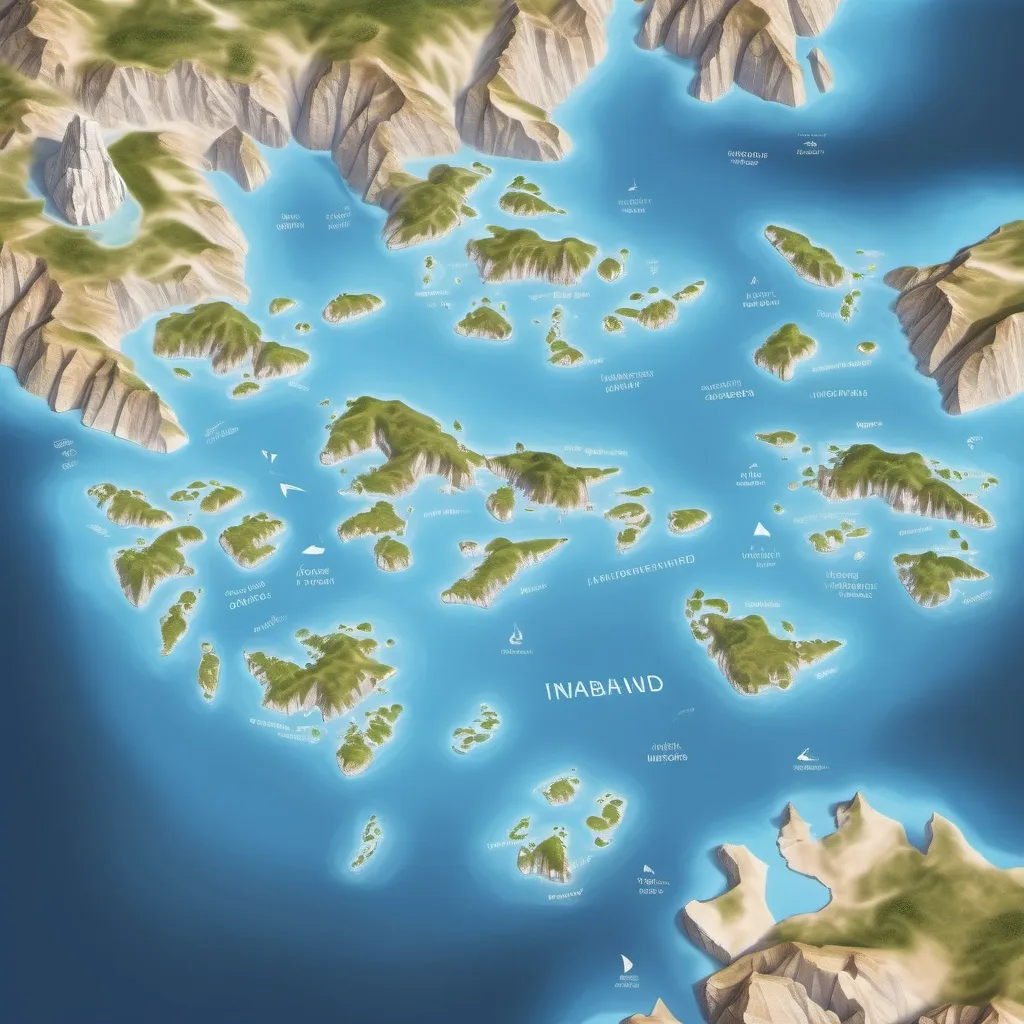 Prompt: A map of scattered inhabited islands inspired on ancient greek and roman societys, each with unique topography, in a crystal blue sea