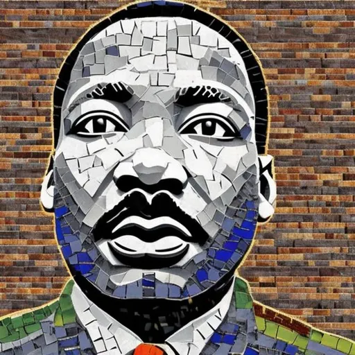 Prompt: create image of Martin Luther king, jr in mosaic style with Lexington historic brick as the tiles and with rainbow colors. include the words Justice, Love, Equality