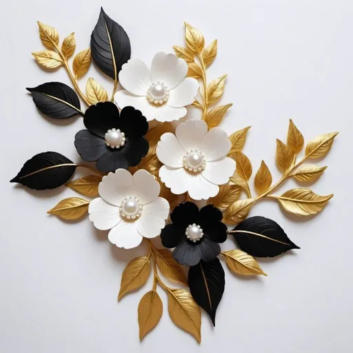 Prompt: create blackl and golden flowers with leaves of white colour and pearls with white background
