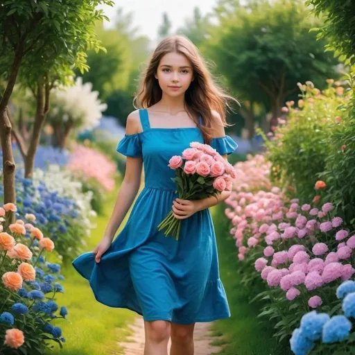 Prompt: create a wallpaper for phone with cute girl in a blue dress walking through the flower garden holding flowers in her hand 
