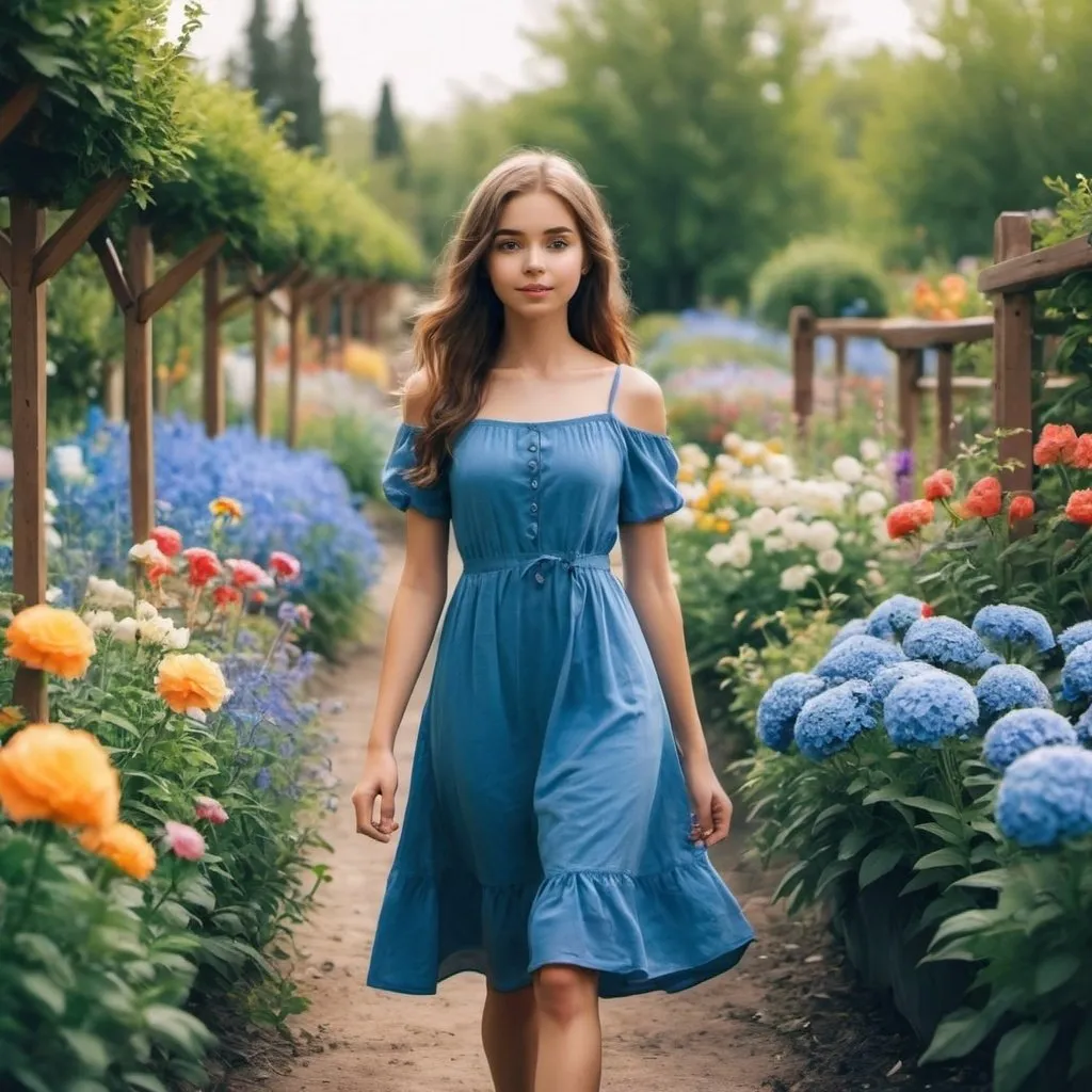 Prompt: create a wallpaper for phone with cute girl in a blue dress walking through the flower garden holding flowers in her hand 