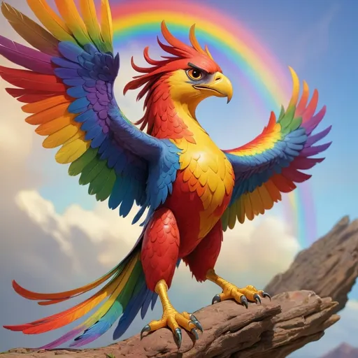 Prompt: The rainbow glorious bird, who is she; the griffin? The falcon? Who is she? The Phoenix!