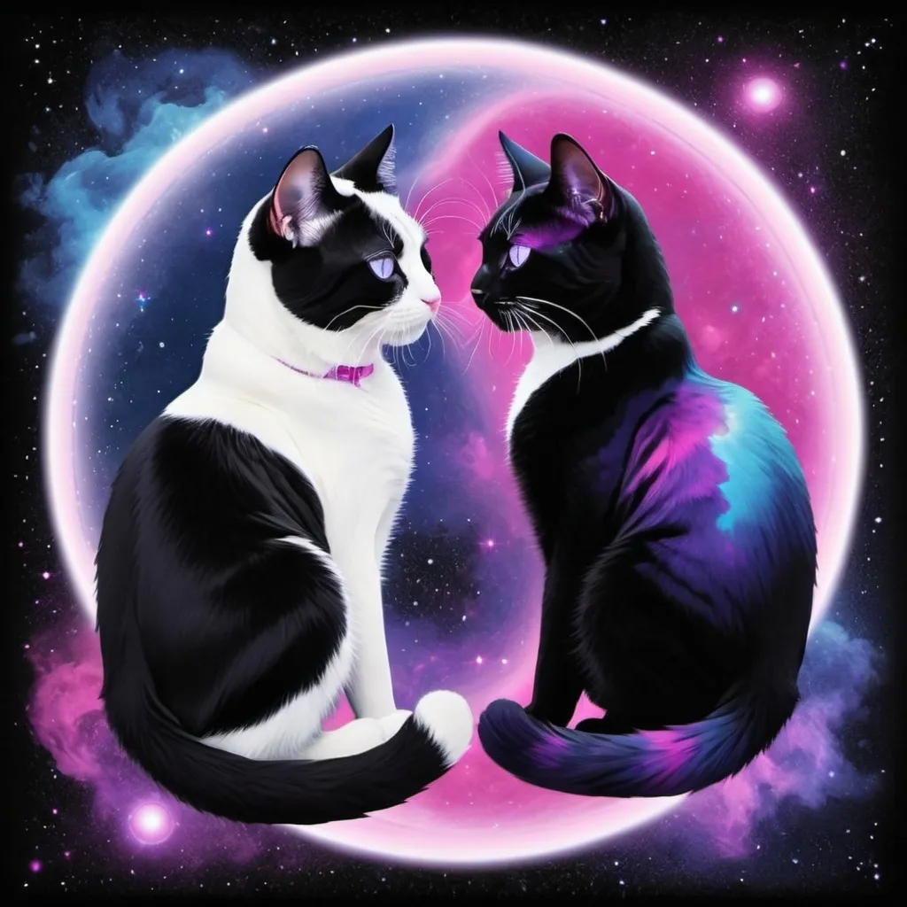 Prompt: Black and white tuxedo cats in Yin yang formation, shiny dots of pink, purple, and blue all around, nebula background, glowing neon streaks of purple 