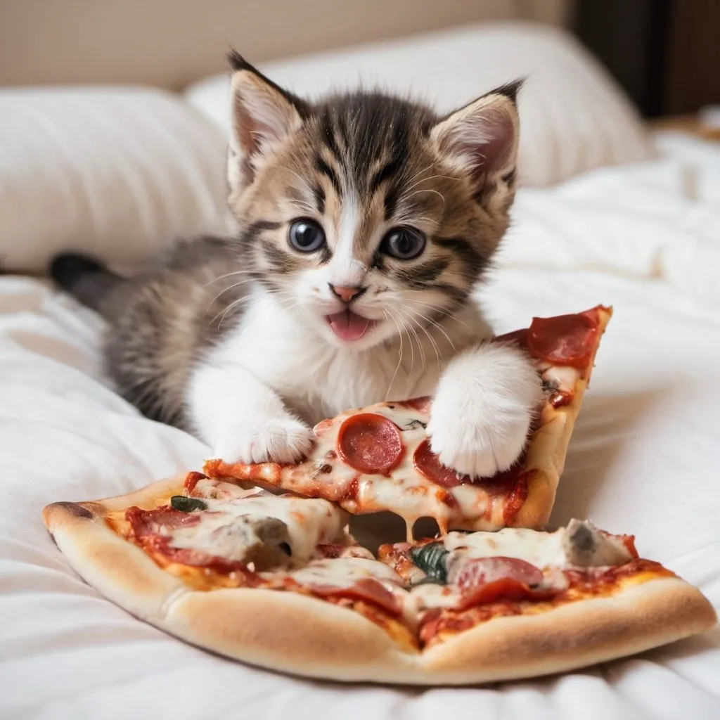 Prompt: cute baby kitten eating pizza while snuggling in bed