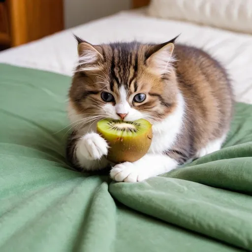 Prompt: cute little fluffy cat eating a kiwi fruit on a comfy bed