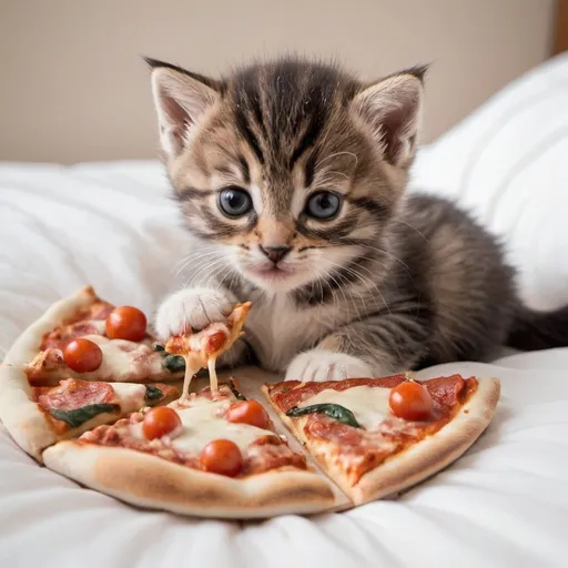 Prompt: cute baby kitten eating pizza while snuggling in bed