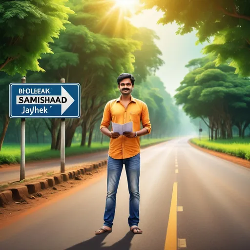 Prompt: (photorealistic image) a man standing on a road, (lush green trees) lining the background, detailed (road sign) prominently displaying "(accurately spelled text 'Bholekar Srihari, samikshavad, jayison devadas')", vibrant colors, warm sunlight illuminating the scene, inviting atmosphere, (high quality HD), natural landscape, serene and calm mood, additional elements of clear blue sky, subtle shadows enhancing depth.