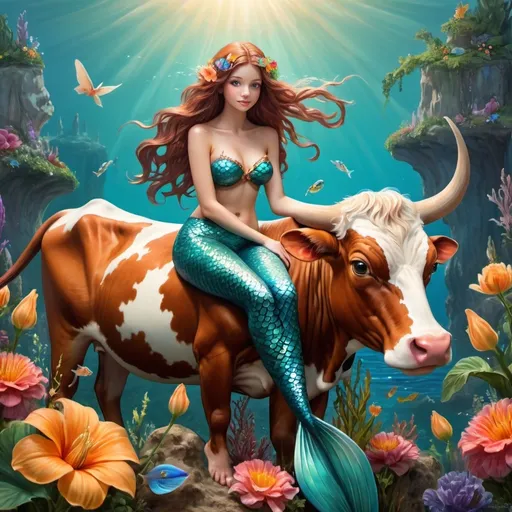 Prompt: (unreal scene of a mermaid sitting on a cow), whimsical fantasy, bright colors with a playful vibe, vibrant ocean hues blending with warm brown tones of the cow, detailed scales shimmering under the sun's light, gentle expressions on both creatures, surrounded by lush greenery and flowers, high quality, ultra-detailed, magical atmosphere.