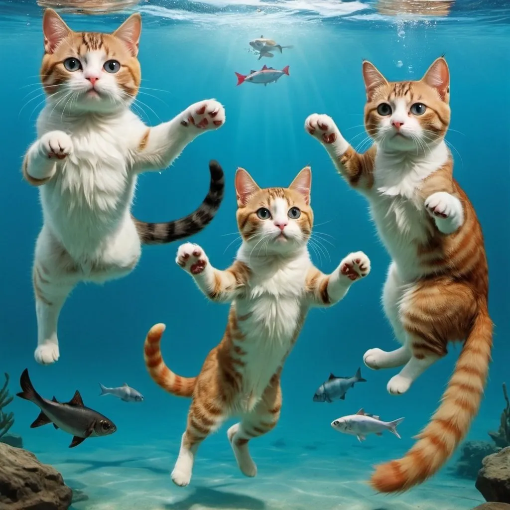 Prompt: Cats, swimming, underwater, Soviet , banners 