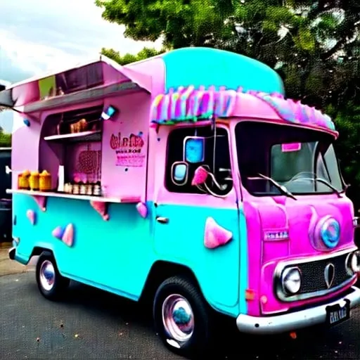 Prompt: Make the food truck with sweet foods like hail ice cream special toppings for ice cream that will be the craziest color you can make that will be the size of a van and have an ice cream machine hail machines cotton candy candy that will be realistic and shiny