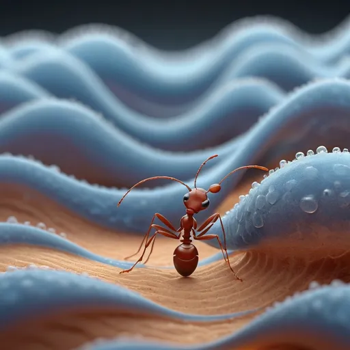 Prompt: "Realistic depiction of 10 GHz electromagnetic sinusoidal waves from the perspective of an ant, which is 3mm in size. The 10 GHz wavelength is 10 times larger than the size of the ant. The view is from below and to the left of the ant, showing the waves in motion and their large scale relative to the tiny ant, with intricate details of the waves and the ant’s small form."