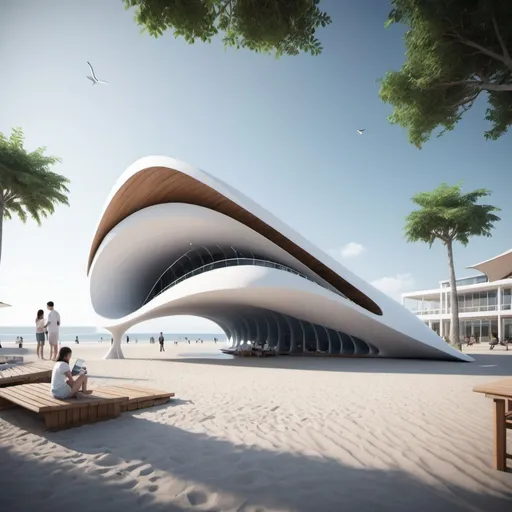 Prompt: architecture landmark design, a pavillion, whale-inspired structure, coastal square, beachside background, city square, Postmodern-architecture, super scale rendered, official render, ambient occlusion render,concept model, architectural concepts, detailed render, architecture render，HDRI:1，