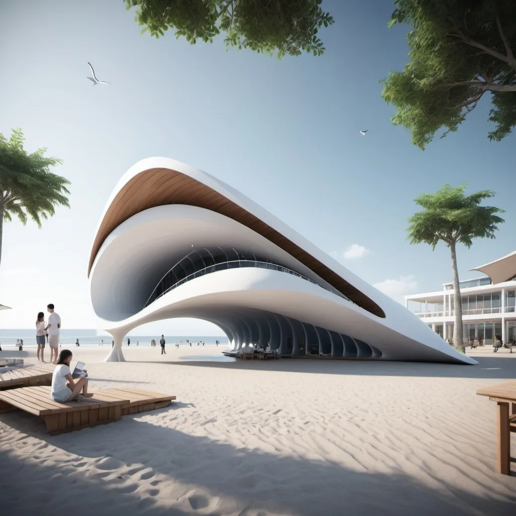 Prompt: architecture landmark design, a pavillion, whale-inspired structure, coastal square, beachside background, city square, Postmodern-architecture, super scale rendered, official render, ambient occlusion render,concept model, architectural concepts, detailed render, architecture render，HDRI:1，