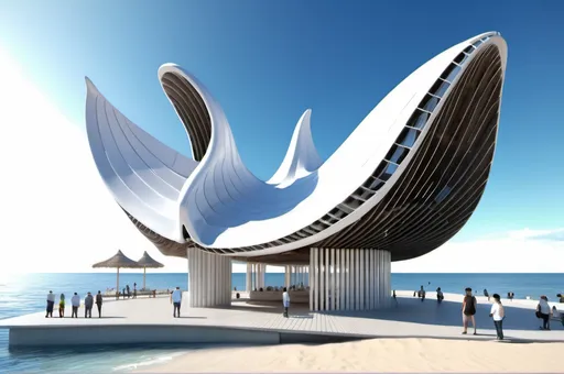 Prompt: architecture landmark design, highlight construction, a pavillion, a whale-inspired structure, allinium material, coastal square, beachside background, city square, Postmodern-architecture, super scale rendered, official render, ambient occlusion render,concept model, architectural concepts, detailed render, architecture render，HDRI:1，