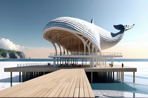 Prompt: architecture landmark design, highlight construction, a pavillion, a whale-inspired structure, allinium material, coastal square, beachside background, city square, Postmodern-architecture, super scale rendered, official render, ambient occlusion render,concept model, architectural concepts, detailed render, architecture render，HDRI:1，