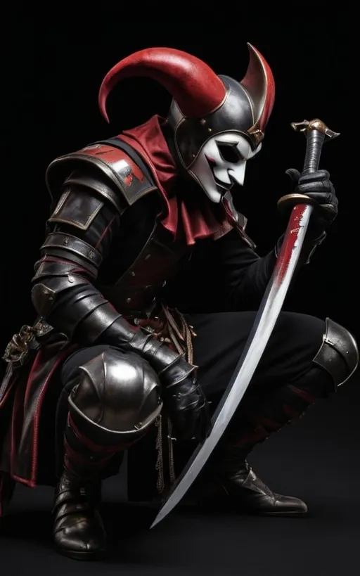 Prompt: Black and red jester wearing a blank full chrome mask whilst crouching  sword in one hand card in other hand black background a lot of details 