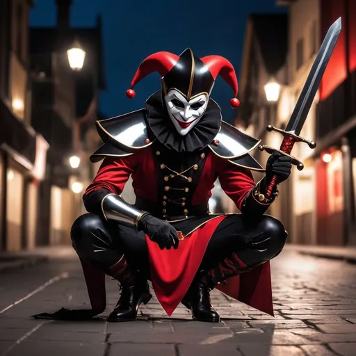 Prompt: Black and red jester wearing a blank full chrome mask whilst crouching at night with a sword in one hand and a card in other 
