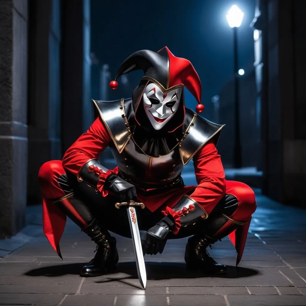 Prompt: Black and red jester wearing a blank full chrome mask whilst crouching at night with a sword in one hand and a card in other 
