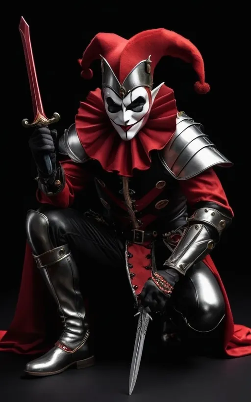 Prompt: Black and red jester wearing a blank full chrome mask whilst crouching  sword in one hand card in other hand black background a lot of details 