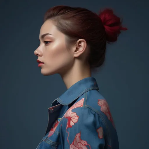 Prompt: expressive realistic fashion photo shoot by james jean of a female model, side view, solid background, trending in Artstation, atmospheric, cinematic, high quality, vibrant
