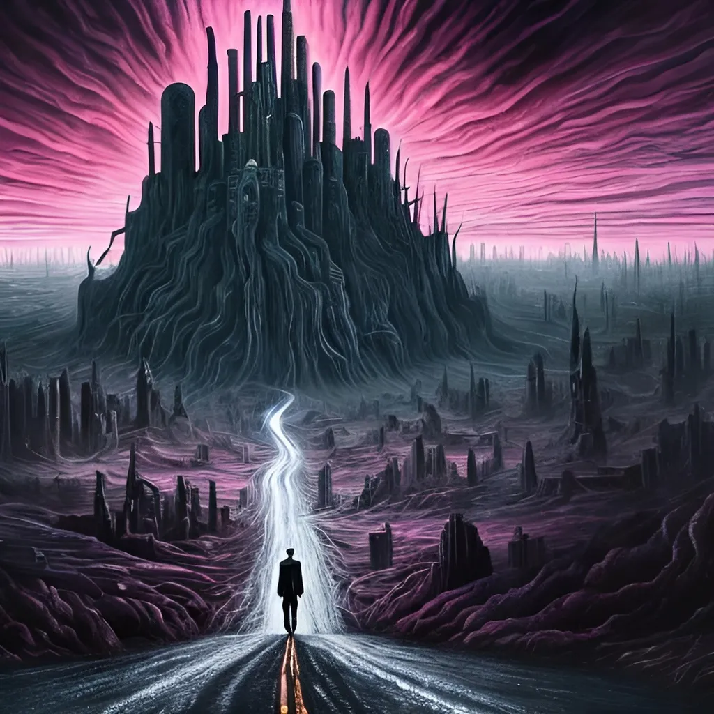 Prompt: Create a painting of a bizarre landscape reminiscent of the movie "Dark City". It should be dark and gritty but somehow ethereal.  There is a lone man standing in the road. There are imposing buildings towering over him.  There are bright pink spots of light flying around in the air.