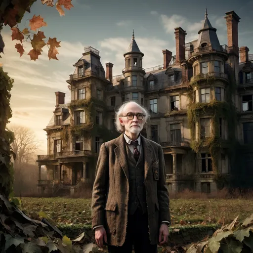 Prompt: Old fashioned professor standing in front of a dilapidated mansion with assorted ghost and cryptids inside.