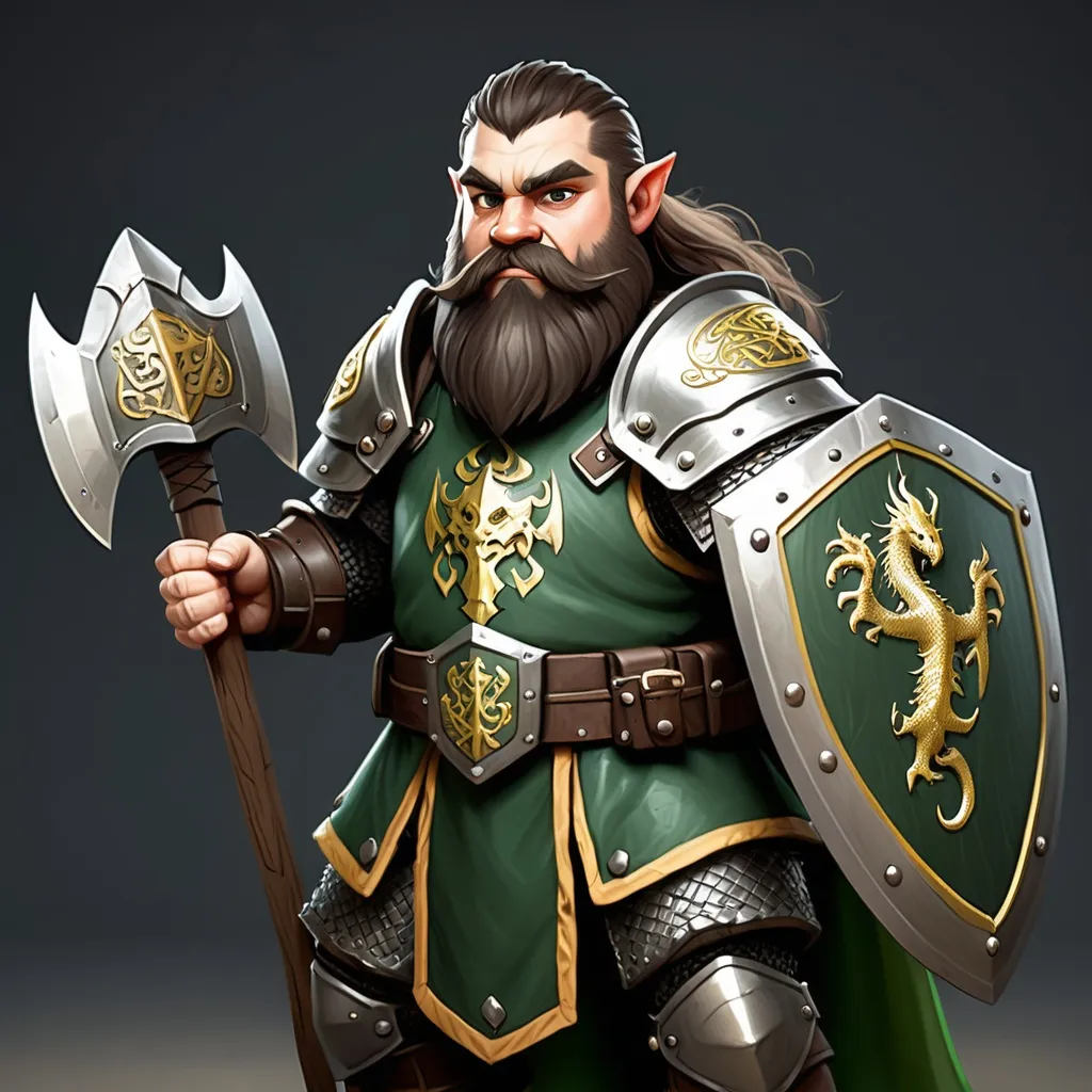 Prompt: A dwarf Paladin with plate armor, in a green surcoat with a gold dragon sigil. holding a shield and viking battle axe. with a long dark brown hair and beard.