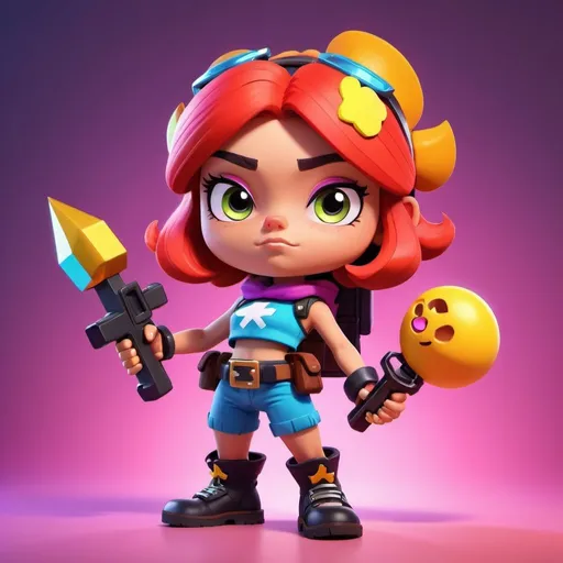 Prompt: Detailed digital illustration of Maisie from Brawl Stars, vibrant and cartoonish, high quality, 3D rendering, intense and dynamic pose, bright colors, futuristic weapon, dynamic lighting, action-packed scene