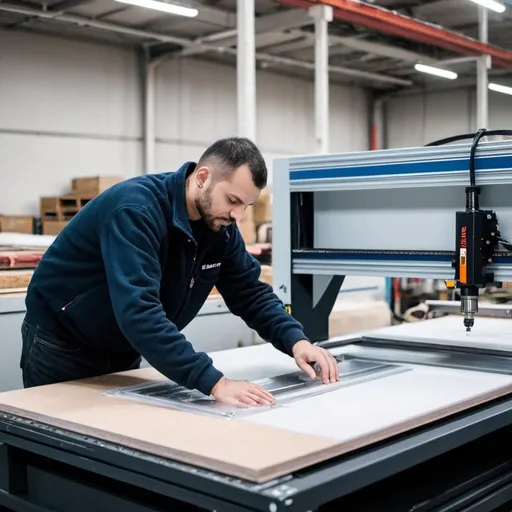 Prompt: Romanian Man assisting cnc router on cutting plastic sheet