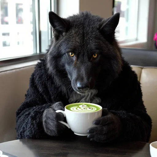 Prompt: a wolf in black sheeps clothing drinking a matcha latte with eyeballs floating in it







