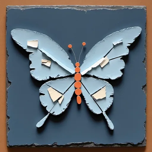 Prompt: create an abstract butterfly on a slate blue square background using acrylic paint torn art images add more colors and torn articles
