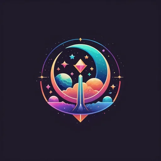 Prompt: Minimalist logo design, Justice theme, colorful retro aesthetic, galaxy setting, moons, planets, crystals, high quality, retro style, vibrant colors, cosmic theme, detailed planets, colorful crystal formations, simple yet striking, professional, atmospheric lighting