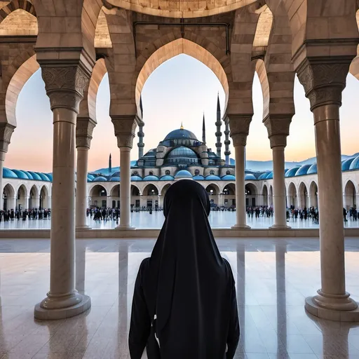 Prompt: An image that a girl travel to the turkey with hijab from back of her and dosent show her face for profile