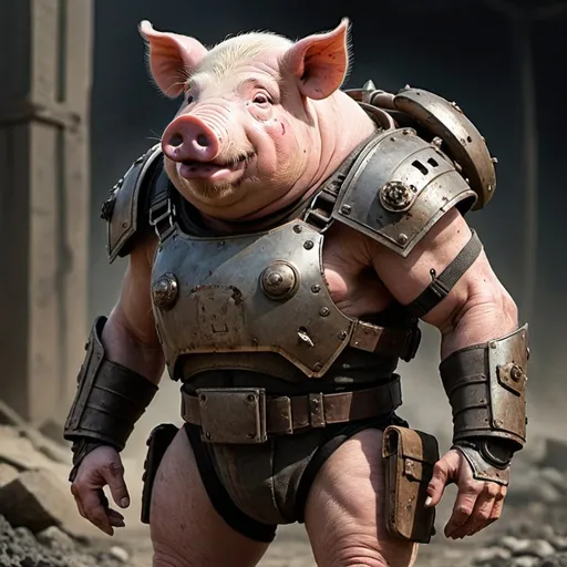 Prompt: a scarred, tough loking humanoid pig in battle gear
