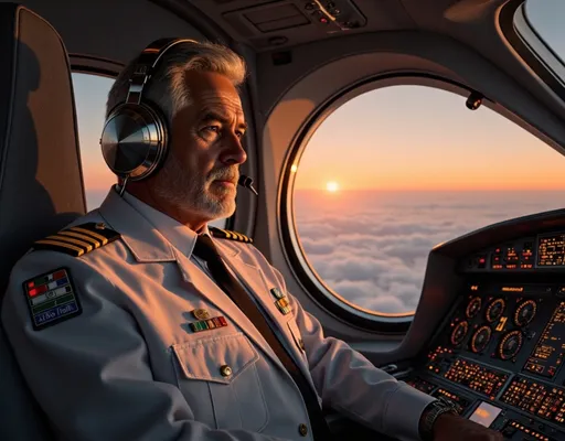 Prompt:  @nMric3pSsiDKxzZkrdYe A photorealistic close-up of a male pilot in a 747 cockpit during golden hour. The pilot is positioned to the left, with soft amber light from overhead panels casting a warm glow across his face, accentuating the textures of his skin. His reflective headphones catch the sunlight, enhancing the futuristic ambiance of the scene. The cockpit's intricate controls and dials are partially visible in the background, bathed in the warm hues of the setting sun. The camera captures the pilot's focused expression, with a slight furrow in his brow, as he navigates through the golden-lit atmosphere, creating a sense of immersion and realism.