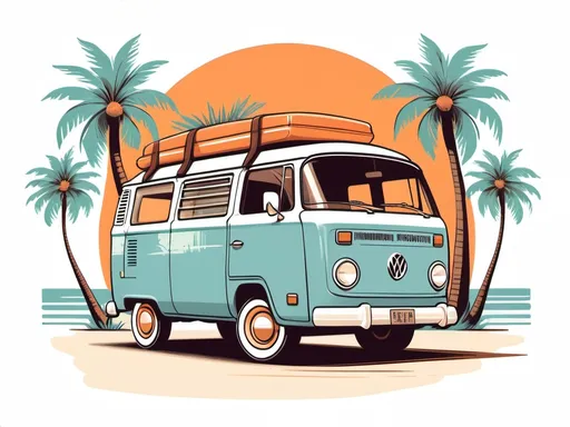 Prompt: Illustrated T-shirt design of flat vintage van with palm trees, vector, solid white background, simple color palette