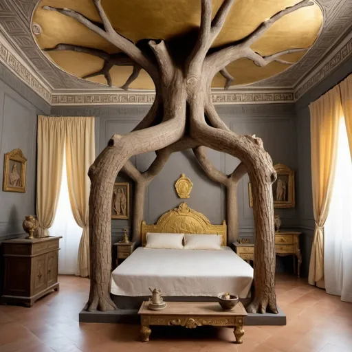 Prompt: a room in a house from the mythological greek era, a tree trunk in the middle of the room was carved to make a bed, decorated whit gold, silver and ivory