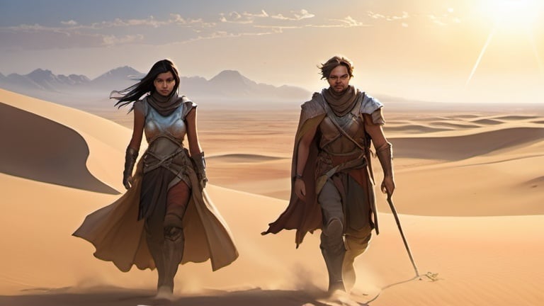 Prompt: image of Kincaid and his companions traversing the vast, sun-scorched desert with undulating sand dunes stretching out into the horizon. Kincaid stands at the forefront, using his elemental powers to create a shimmering shield that deflects the sun's rays, while Anya, Theron, and Liam trail closely behind, their expressions a mix of awe and exhaustion