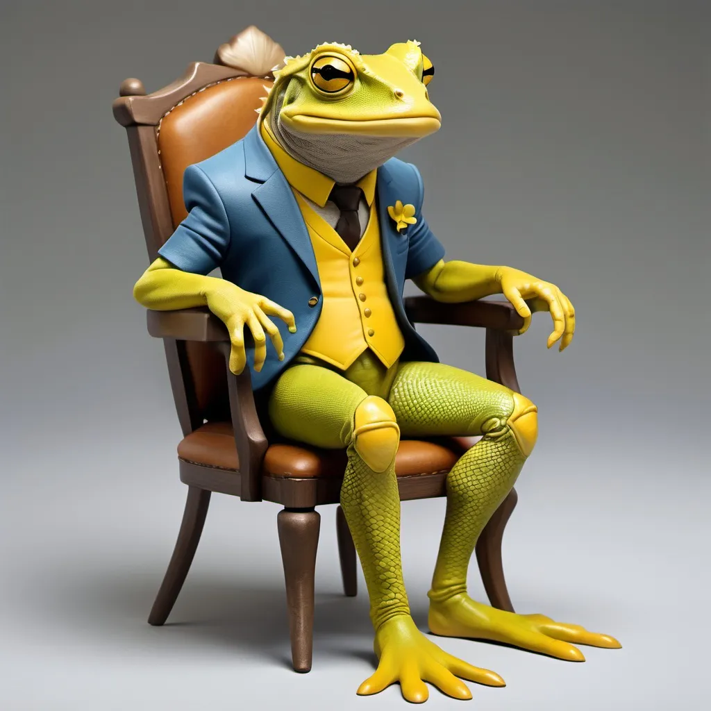 Prompt: Create a humanoid character that combines elements of a lizard and a toad, sitting confidently in a chair with one leg crossed over the other. The character should have an upright, human-like posture, with amphibian skin featuring a mix of yellow scales and smooth patches. Its face is expressive, with large, rounded eyes and a friendly smile. The character wears a sleek, well-fitted suit with yellow accents, such as a tie or pocket square, adding a sophisticated touch. The pose is relaxed and confident, exuding charisma and authority. The chair should match the character’s distinct appearance, blending modern style with a touch of quirkiness. The overall look merges reptilian and human traits, making the character both approachable and unique.