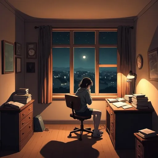 Prompt: crei uma imagem de um rapaz, estilo lo-fi, sad escutando musica triste e estudando em uma secretaria de quarto com uma janela com uma vista noturna chamativa