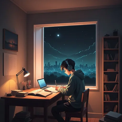 Prompt: Visualize a (((Lo-Fi boy studying melancholically))) with headphones, listening to somber music and studying in a ((minimalist room with a striking night view window))