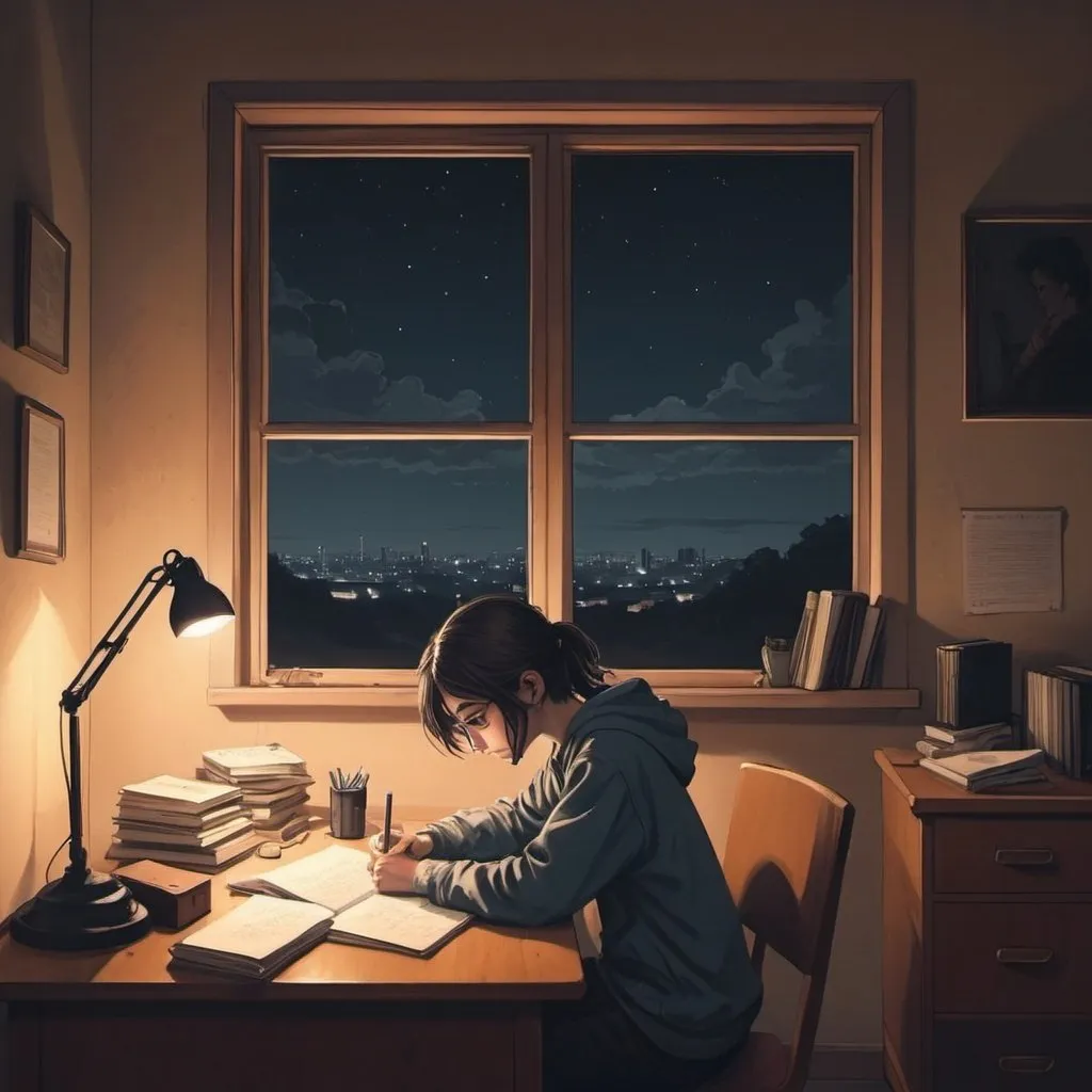 Prompt: crei uma imagem de uma garoto, estilo lo-fi, sad escutando musica triste e estudando em uma secretaria de quarto com uma janela com uma vista noturna chamativa