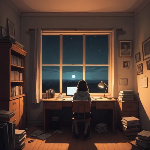 Prompt: crei uma imagem de uma garota, estilo lo-fi, sad escutando musica triste e estudando em uma secretaria de quarto com uma janela com uma vista noturna chamativa