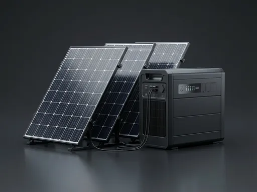 Prompt: same style, replace subject with solar battery system and solar panels, maintain lighting, composition, and background style