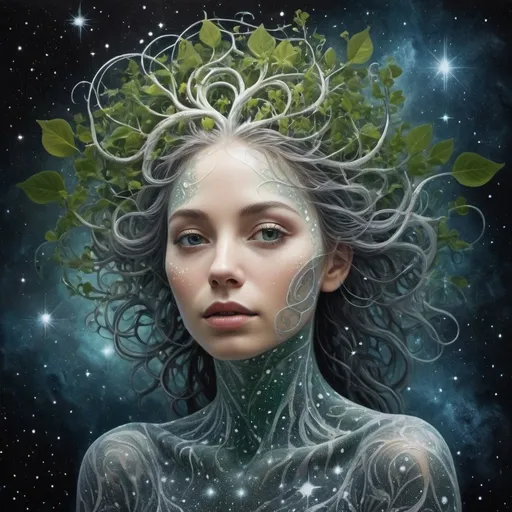 Prompt: Title: "Gaia's Reverie: A Cosmic Portrait"

Prompt: Create a surreal and ethereal image of Gaia, the embodiment of Mother Earth, depicted as a woman's face suspended in the cosmos. Her visage, rendered in shimmering silver, is composed entirely of intricate dots, lending a cosmic and otherworldly texture to her form. From her serene countenance sprout lush green leaves and delicate roots, intertwining and spiraling outward into the void of space.

The backdrop is a vast expanse of stars and nebulae, with galaxies swirling in the distance, enhancing the dreamlike and transcendent atmosphere of the scene. The overall effect is one of surreal beauty and mystical wonder, inviting viewers to contemplate the interconnectedness of all life and the boundless majesty of the universe.
make it more abstract and make her face made out of dots and patterns. increase the leaves and vines and make it more organic






