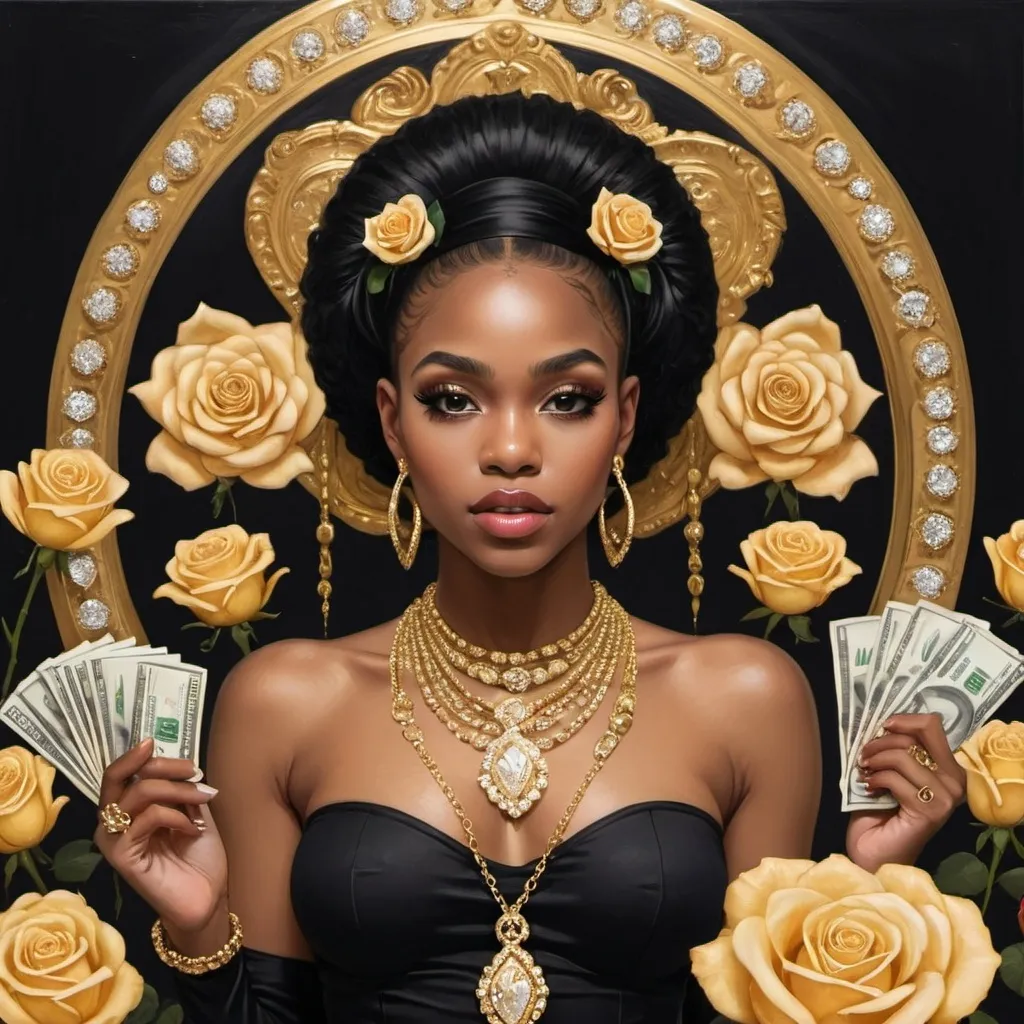 Prompt: young exotic black woman dressed in black & gold surrounded by diamonds, money & roses