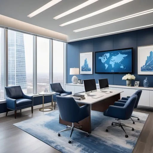 Prompt: an investment advisor modern office using blue and white colors