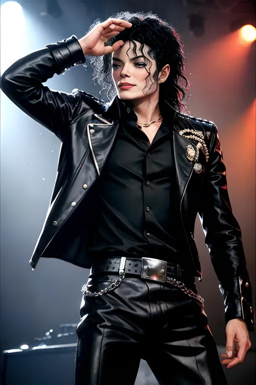 Prompt: Michael Jackson in his black outfit, on stage